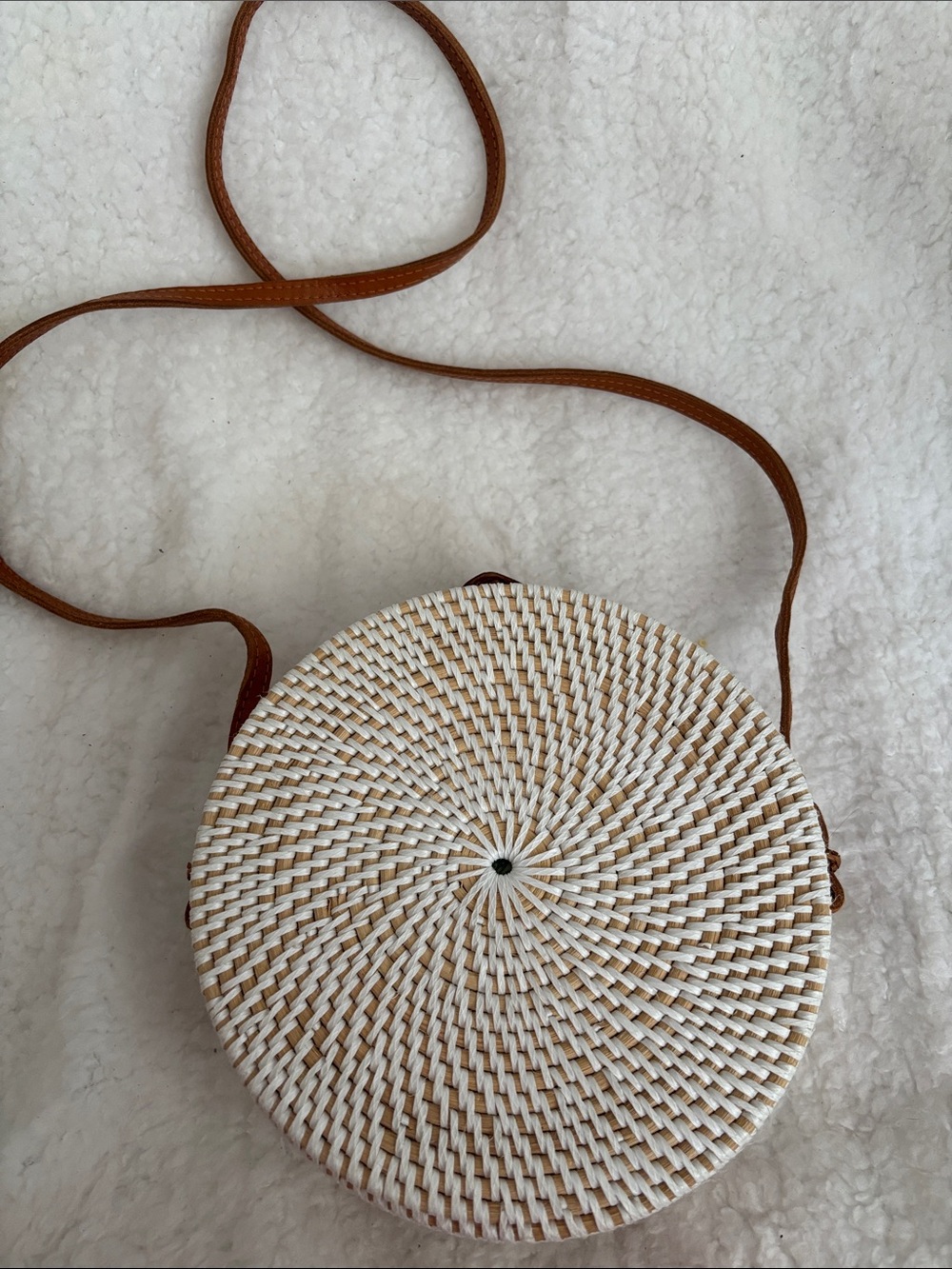 Woven Round Crossbody Bag in White with Tan Strap - Picture 2 of 8